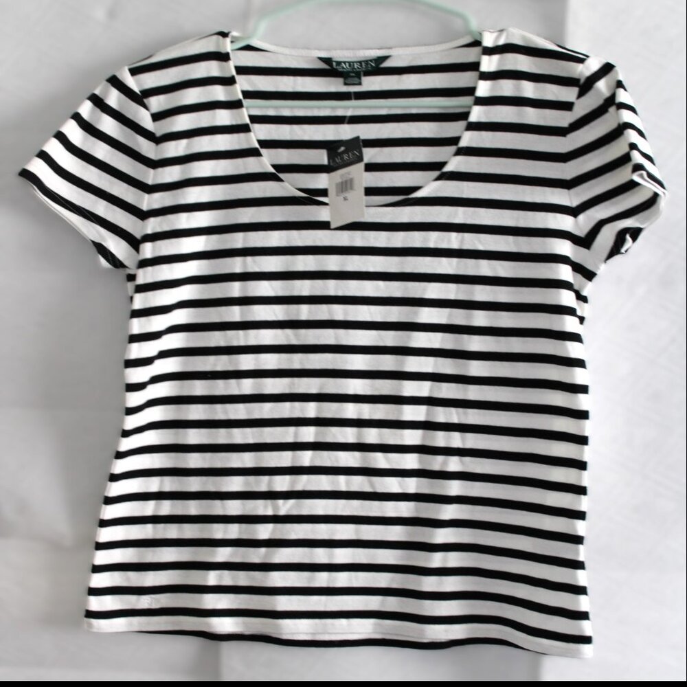 LAUREN Ralph Lauren Short Sleeve Top White/Black Size XL NWT